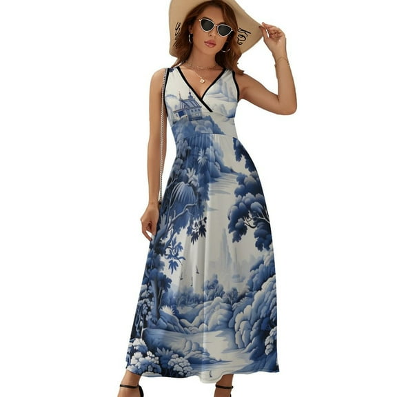 Blue Chinoiserie Toile River Dress Summer Street Style Bohemia Long Dresses Female Sleeveless Printed Maxi Dress