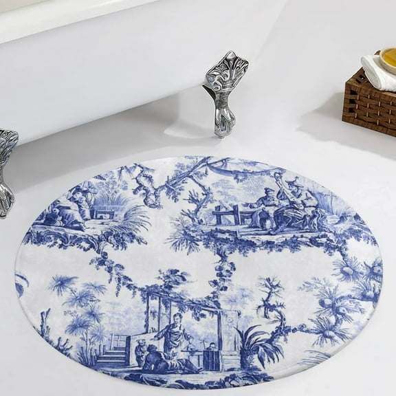 Blue Chinoiserie Toile Round Carpet Circle Rug Outdoor Patio Area Rug Washable Large Area Rugs Hallway Room Decor Fitness Mats