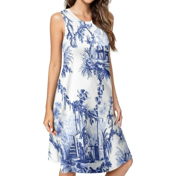 Blue Chinoiserie Toile Spring Summer Dresses for Women Fashion T-shirt Dress Casual Sleeveless Loose Sundress with Pockets