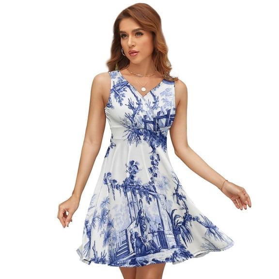 Blue Chinoiserie Toile Sundress Sleeveless Dress Summer Women Clothes Dress for Women Dresses