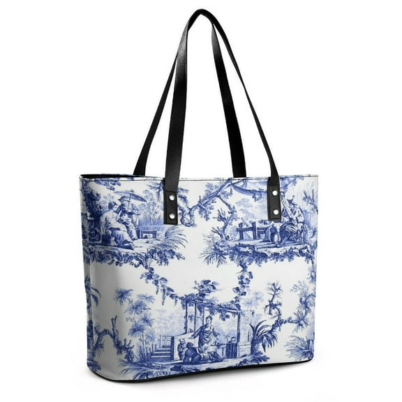 Blue Chinoiserie Toile Woman Leather Handbags Large Tote Bag Fashion Portable Handbags With Zipper