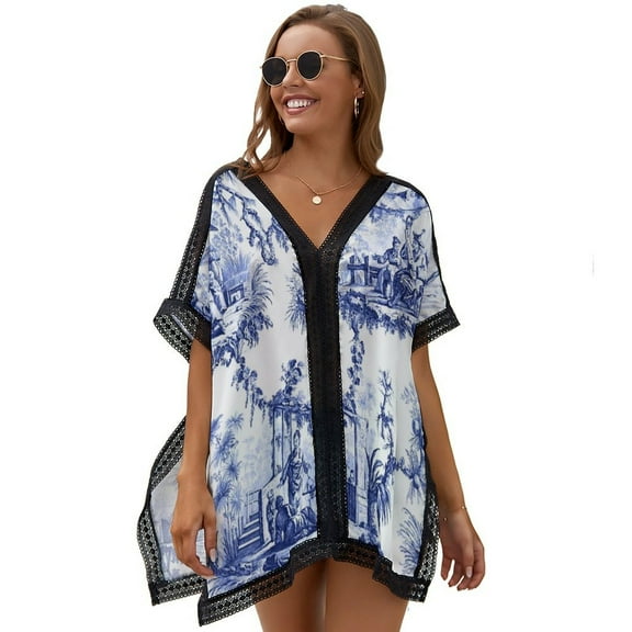 Blue Chinoiserie Toile Women's Swimsuit Coverup Summer Beach Cover Up Bathing Suit Dress