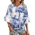 thumbnail image 1 of Blue Chinoiserie Toile Women's V-Neck Blouse With 3/4 Ruffled Bell Sleeves Casual Top Ladies Blouses, 1 of 7