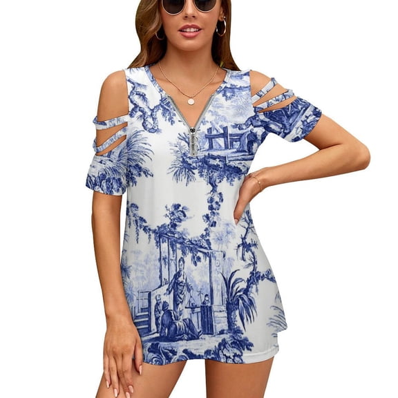 Blue Chinoiserie Toile Womens Summer V Neck Zipper Top Short Sleeve T Shirt Off Shoulder Top Casual Classy Loose Shirts