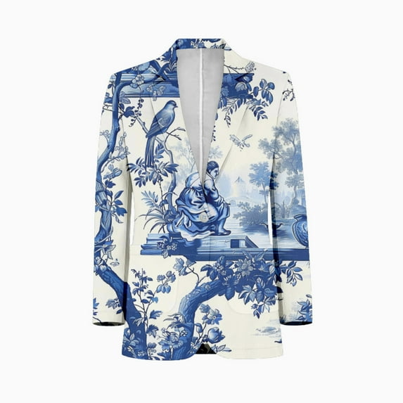 Blue Chinoiserie Toile pattern bird tree Men Blazers Slim Clothing Summer Jacket Man Oversize Daily Suits Tops