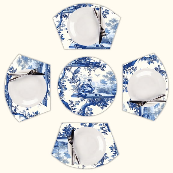 Blue Chinoiserie Toile pattern bird tree Round Table Placemats Set Of 5 Wedge Table Mats Washable Heat Resistant Place Mat For Dining Table Kitchen Farmhouse Restaurant