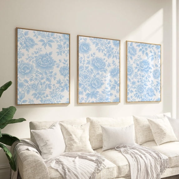 Blue Chinoiserie Wall Art Blue Vintage Floral Toile Dainty Flowers Art ...