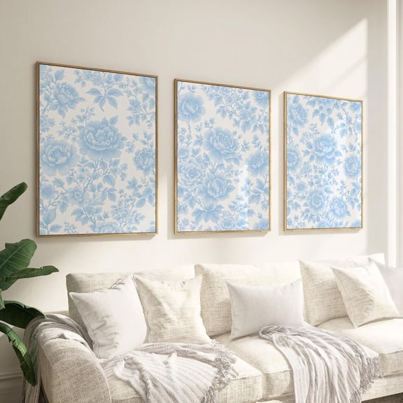 Blue Chinoiserie Wall Art Blue Vintage Floral Toile Dainty Flowers Art Set 3 Unframed Paper Print 8x12