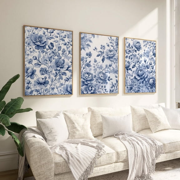 Blue Chinoiserie Wall Art Flowers Aesthetic Retro Rustic Floral Decor Set 3 Stretched Canvas 8x12