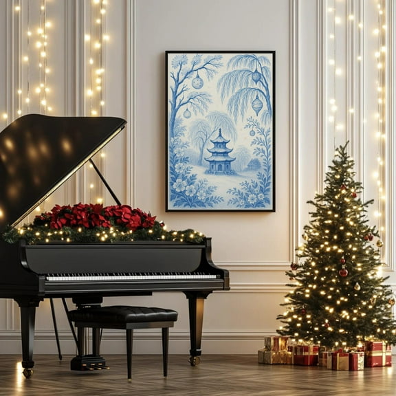 Blue Chinoiserie Wall Art, Pagoda Kristmas Print, Elegant Willow Decor Warm Present Vintage UNFRAMED Poster Size 12x18