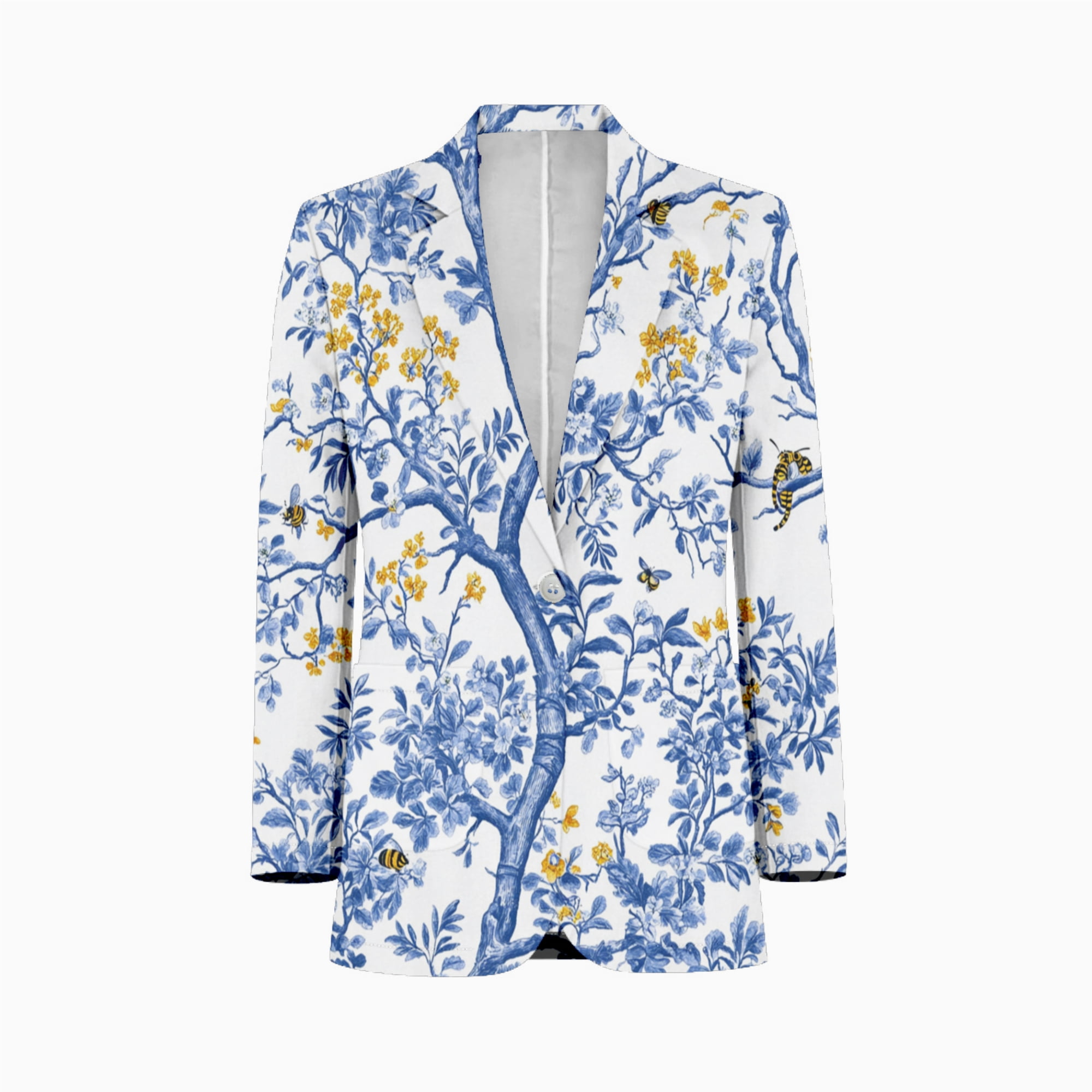 Blue Chinoiserie bee flower Men's Suit Blazer Casual Party Wear Slim