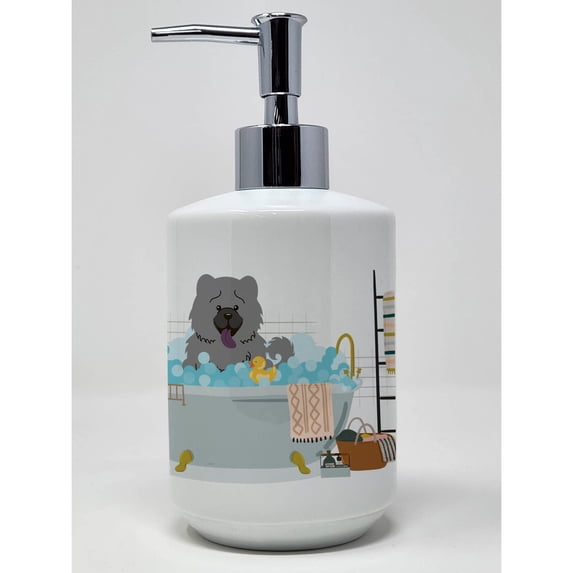 Blue Chow Chow in Bathtub Ceramic Soap Dispenser 3.5 in x 7.25 in