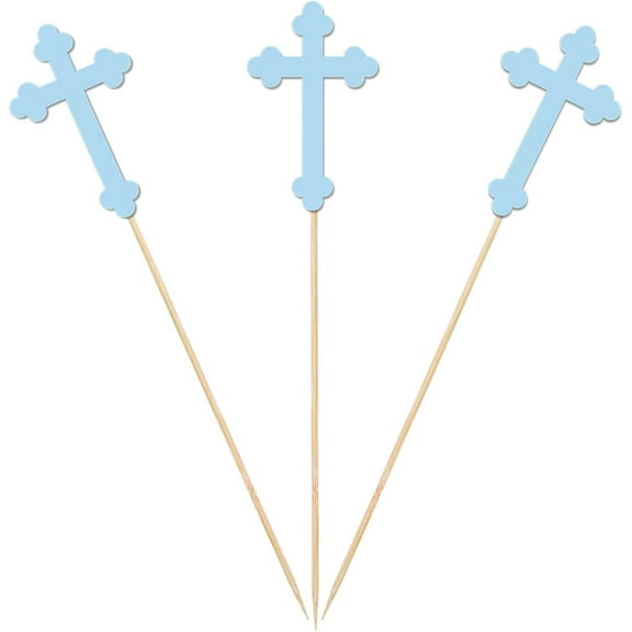 Blue Christening Cross Centerpiece Sticks, 12-Pack Table Topper Gold Bless Baptism Baby Shower Party Decorations
