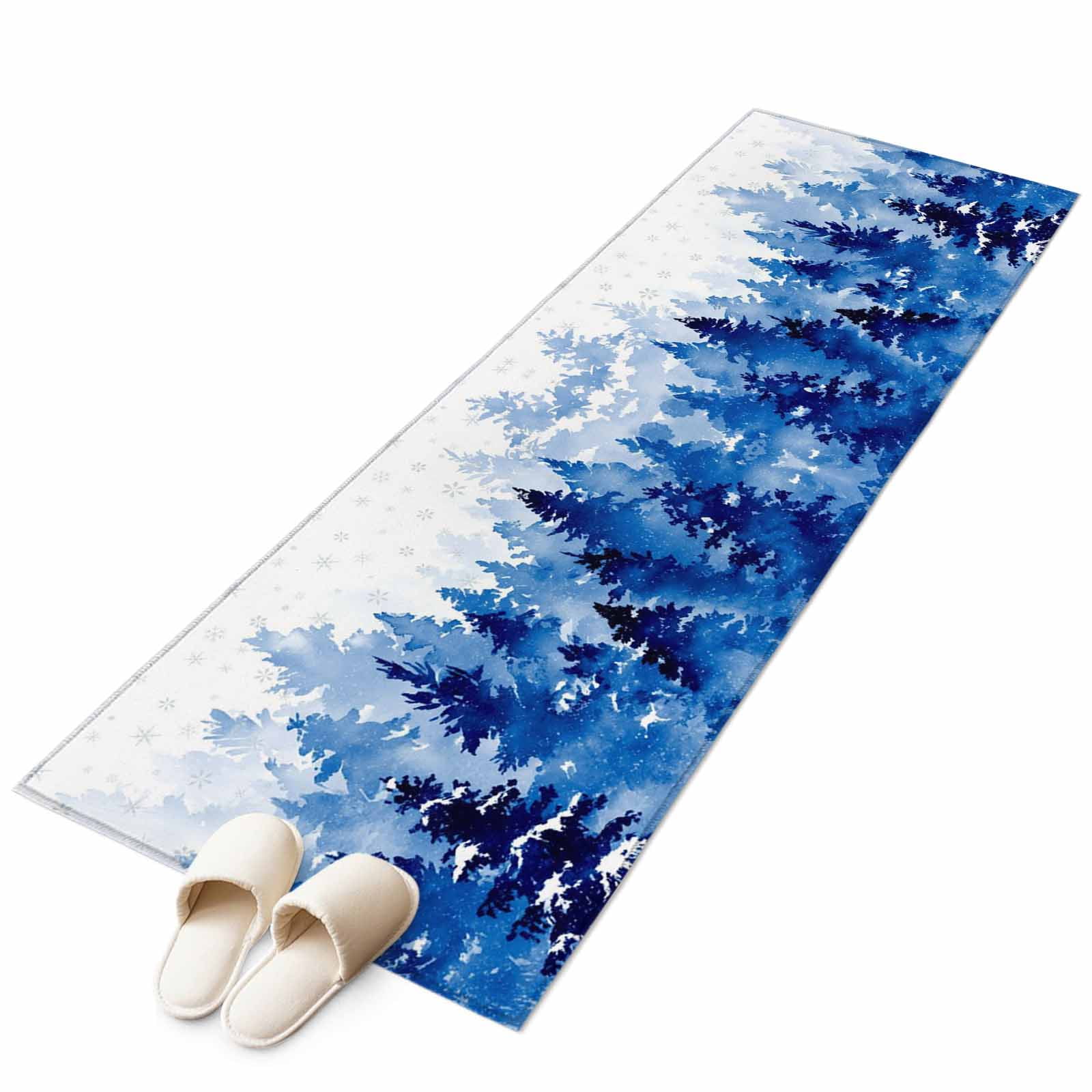 Blue Christmas 2'x6' Runner Rug, Winter Snowflake Abstract Forest Tree ...
