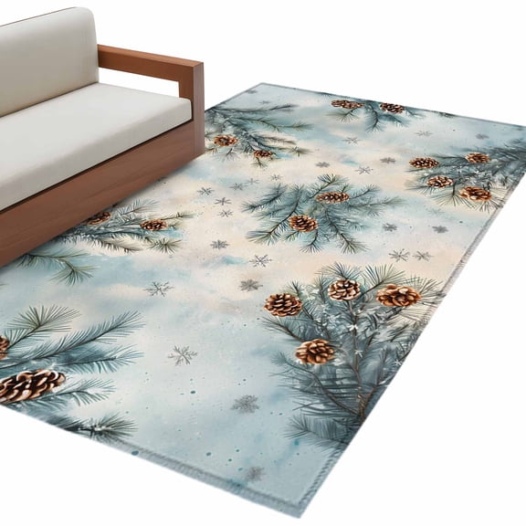 Blue Christmas 3'x5' Washable Rug, Xmas Botanical Pine Cones Non-Slip Area Rugs for Entryway Kitchen Classroom, Dorm Throw Carpet, Low Pile Soft Indoor Floor Mat