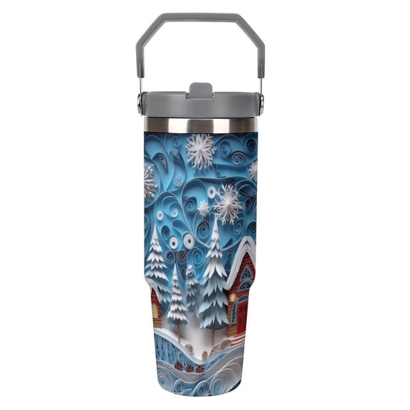 Blue Christmas 30oz Insulated Stainless Steel Tumbler with Leak-Proof Flip Straw & Ergonomic Handle Car Cup Holder Friendly Travel Mug for Coffee,Iced Drinks,Gym,Office BPA-Free Double Wall Vacu