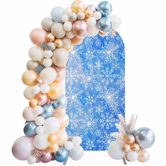 Blue Christmas Arch Backdrop Cover 4x1.65 Ft, Spandex Wedding Arch Stand Cover, Watercolor Winter White Snow Pattern Round Top Stretch Fitted Background Covers for Birthday Ceremony Party Decor