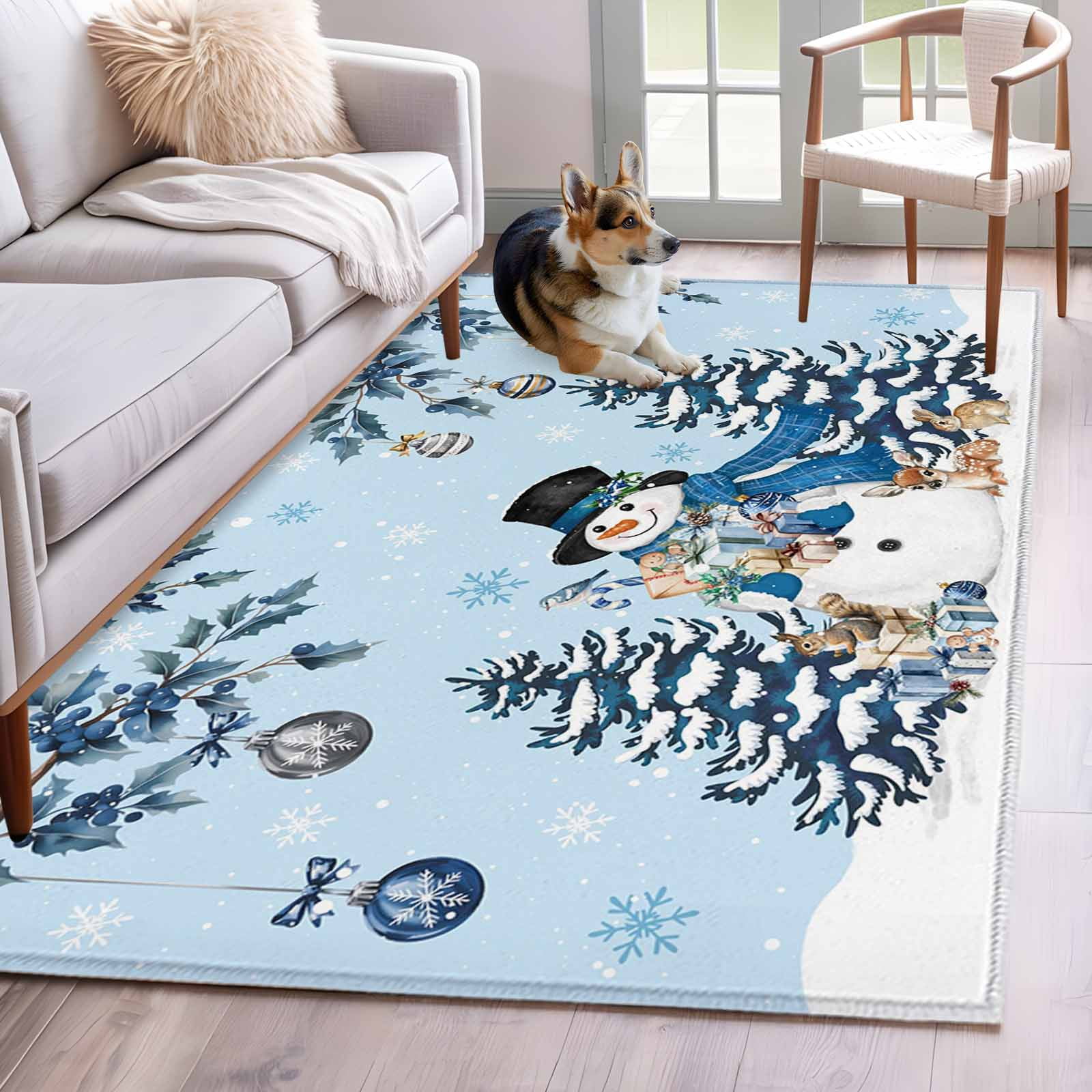 Blue Christmas Area Rug 3x5 Washable Rug Non Slip Snowman Xmas Tree ...