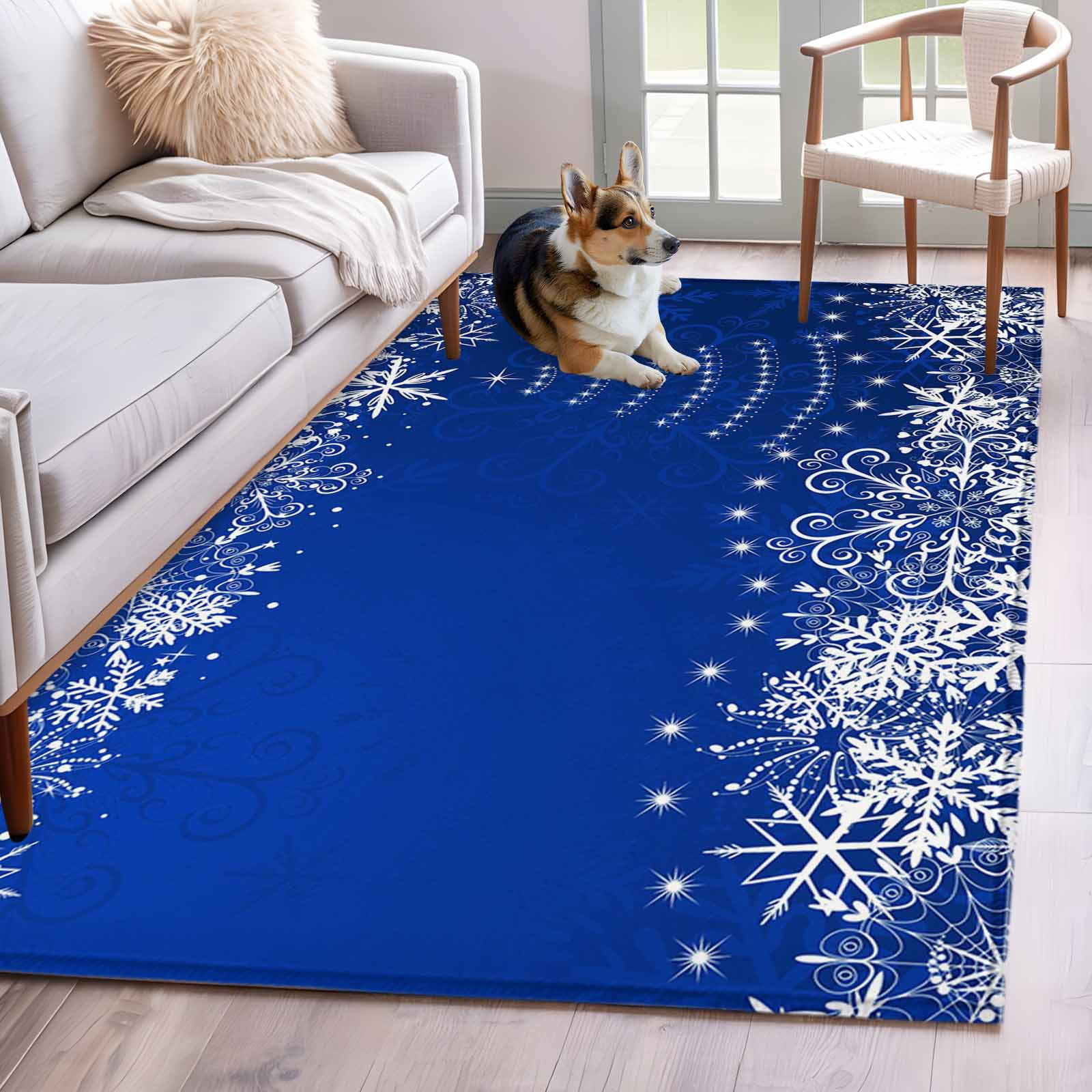 Round Blue Snowflake Rug Blue Christmas Area Rugs 2.7'x5', Washable Small Throw Rugs for Kitchen ...