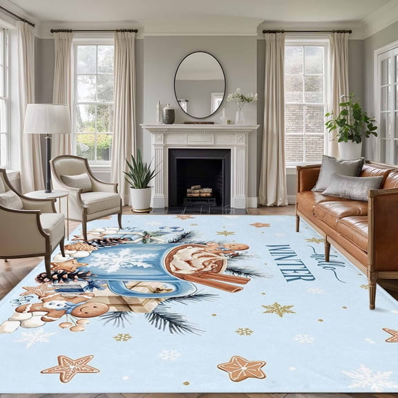 Blue Christmas Area Rugs 5'x8', Washable Small Throw Rugs for Classroom Bedroom, Coffee Xmas Botanical Pine Cones Indoor Outdoor Rug Non-Slip Low Pile Carpet Runner Reversible Floor Mats