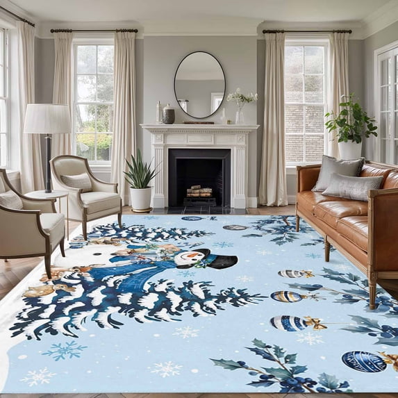 Blue Christmas Area Rugs 5'x8', Washable Small Throw Rugs for Classroom Bedroom, Snowman Xmas Tree Balls Snowflake Indoor Outdoor Rug Non-Slip Low Pile Carpet Runner Reversible Floor Mats