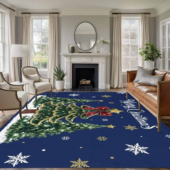 Blue Christmas Area Rugs 8'x10', Washable Small Throw Rugs for Living Room Patio, Xmas Christmas Tree Snowflake Indoor Outdoor Rug Non-Slip Low Pile Carpet Runner Reversible Floor Mats