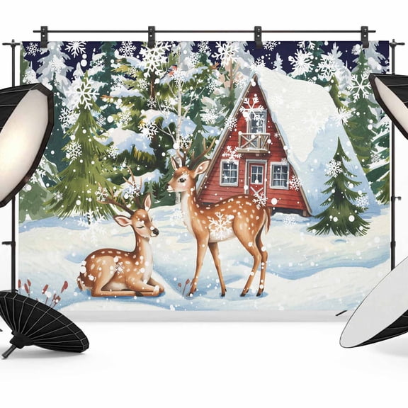 Blue Christmas Backdrop for Photography,Fabric Photo Background Backdrop,Xmas Winter Forest Tree Deer Snowflakes Photo Booth Background for Portrait Photoshoot Video Wedding Studio Decor Banner 7x5ft