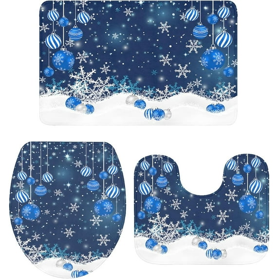 Blue Christmas Balls Bathroom Rug Set - 3 Piece Non Slip U Shape Snowflake Contour Toilet Rug for Large Bathroom Floor Decor