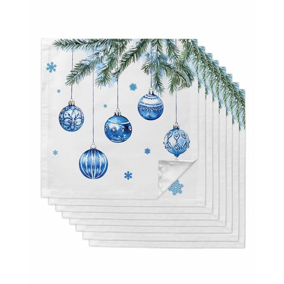 Blue Christmas Balls Cloth Napkins Set of 8, Xmas Botanical Snowflake Washable Reusable Dinner Cocktail Napkin for Kitchen Party Wedding Banquet Holiday Baby Shower Table Decor