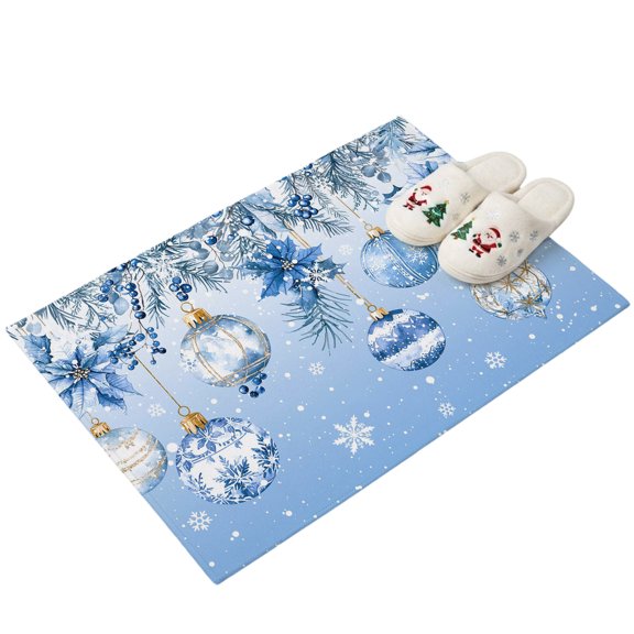 Blue Christmas Balls Entryway Rug 2'x3' Ombre Xmas Ball Poinsettia Holly Leaf Small Area Rug Non-Slip Front Door Mat Washable Floor for Front‑Door Area, Kitchen Sink Zone, Bathroom