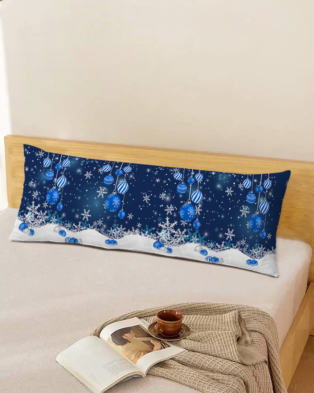 Blue Christmas Balls Throw Pillow Cover, Romantic Winter Snowflakes