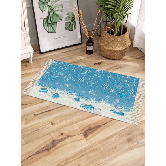 Blue Christmas Bath Rug 2x3ft Woven Bathroom Entryway Runner Rug,Xmas Balls Winter Snowflake Modern Art Washable Living Room Hallway Bedroom Kitchen Carpet with Tassels,Indoor Outdoor Throw Doormat