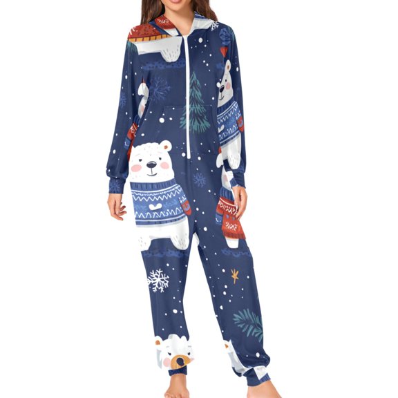 Blue Christmas Bears with Cute Sweaters Adult's Hoodie Onesie Jumpsuit One-Piece Pajamas with Zipper Unisex for Holiday M