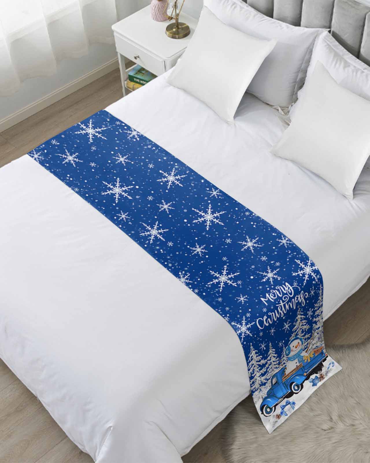 Blue Christmas Bed Runner for Full/ Queen Size Bed,Truck Xmas Tree