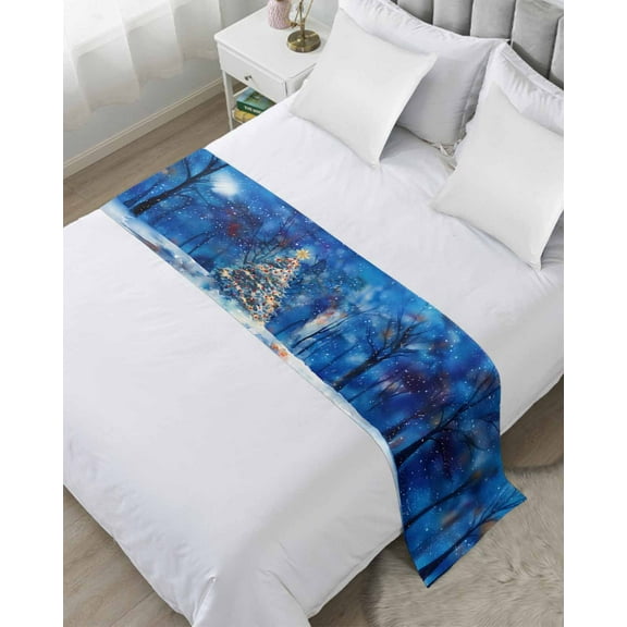 Blue Christmas Bed Runner for King Size Bed, Xmas Tree Snowflake Watercolor Forest Bedspread Protector Slipcover Bed Scarf for Foot Bed Runners & Scarves for Bedroom Hotel Wedding Room 102x20 Inches