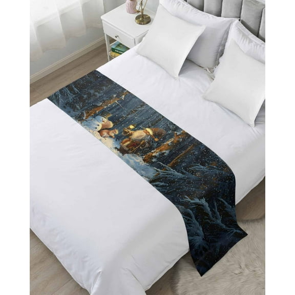 Blue Christmas Bed Runner for Twin Size Bed, Snowflake Xmas Gomes Forest Bedspread Protector Slipcover Bed Scarf for Foot Bed Runners & Scarves for Bedroom Hotel Wedding Room 71x20 Inches