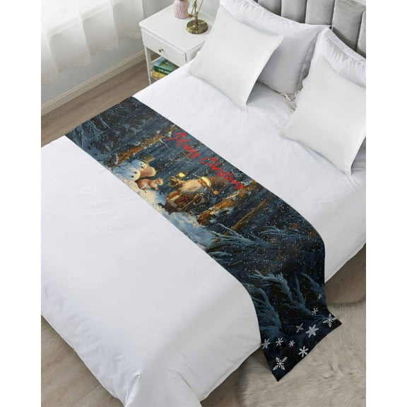 Blue Christmas Bed Runner for Twin Size Bed, Xmas Gomes Forest Snowflake Bedspread Protector Slipcover Bed Scarf for Foot Bed Runners & Scarves for Bedroom Hotel Wedding Room 71x20 Inches