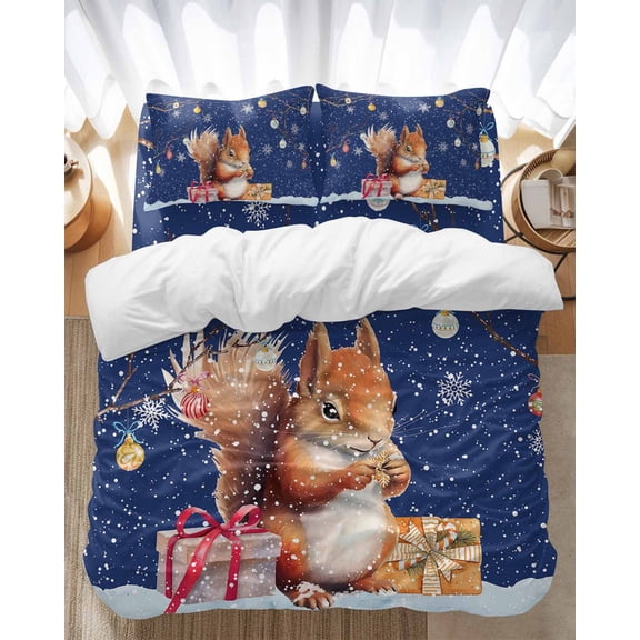 Blue Christmas Bedding Duvet Cover Set Queen Size 4 Pieces Squirrel with Gifts Xmas Balls Linen Bedding Set with Zipper Closure, 1 Comforter Cover 90x92 Inches 1 Flat Sheet & 2 Pillow Cases