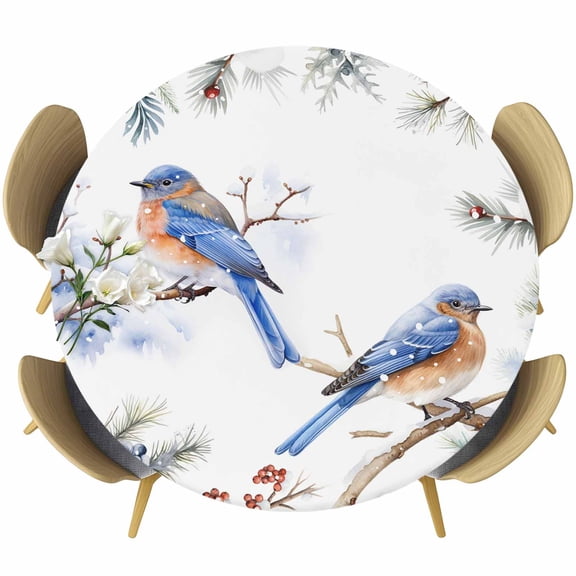Blue Christmas Bird, Fitted Tablecloth with Elastic Edged, Round Table Cloth for Dining Table, Winter Berry Snowy Pine Cones Waterproof Oil Proof Table Cover for Indoor Outdoor 36"-44"