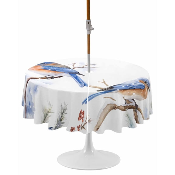 Blue Christmas Bird, Round Outdoor Tablecloth, Waterproof Table Cloth Cover with Umbrella Hole and Zipper, Winter Berry Snowy Pine Cones Table Protector for Patio Party Picnic 54" Round