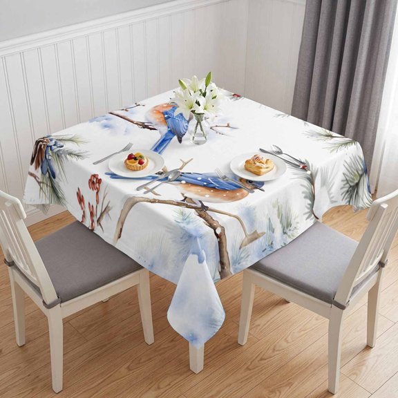 Blue Christmas Bird, Table Cloth Waterproof Tablecloths, Winter Berry Snowy Pine Cones Tablecloth Dining Table Cover for Kitchen Party Tabletop Outdoor, Square Tablecloth 54x54 Inch