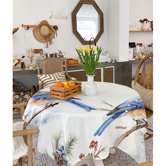 Blue Christmas Bird, Tablecloth Square Table Cloth 54x54, Waterproof Tablecloth Outdoor Table Cloth, Winter Berry Snowy Pine Cones Washable Table Cover for Kitchen Dining Party