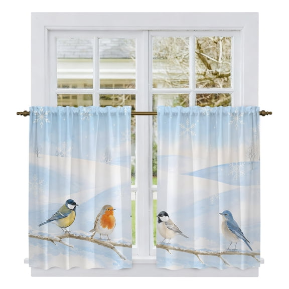 Blue Christmas Birds Kitchen Curtains 54 Inch Length, Branches Snowflake Xmas Winter Tiers Curtains for Bathroom Bedroom Cafe, Light Filtering Small Window Treatment Short Drapes 2 Panels 42"Wx54"L