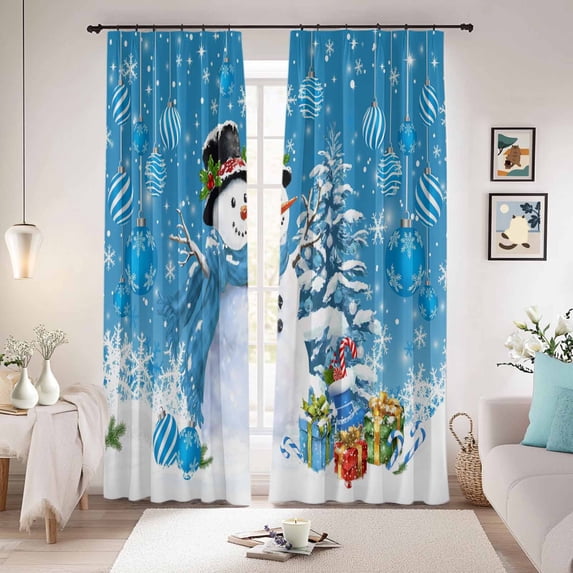 Blue Christmas Blackout Curtains for Bedroom/Living Room, Pinch Pleated Black Out Curtains, Snowman Xmas Tree Ball Gifts Winter Room Darkening Window Drapes with Hooks 2 Panels, 59"x70"