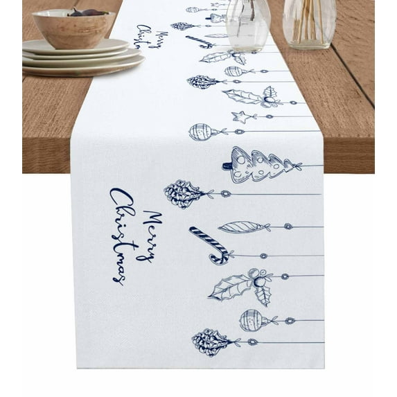 Blue Christmas Burlap-Cotton Table Runner 108 Inches Long,Xmas Tree Botanical Balls Farmhouse Table Runners,Outdoor Dining Tablecloths Decor for Baby Shower Party Wedding 13x108