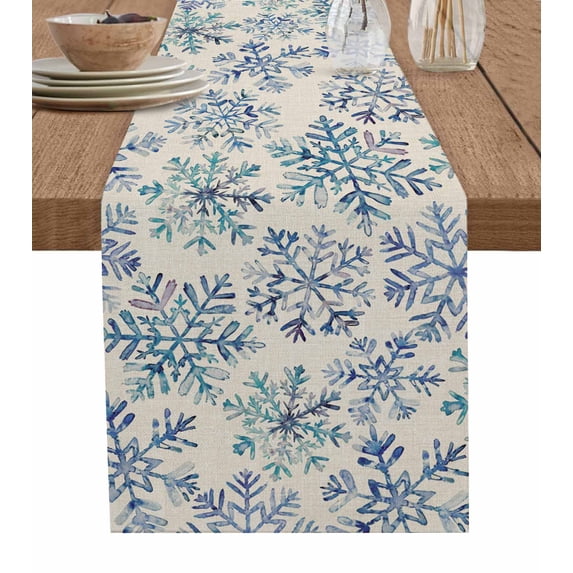 Blue Christmas Burlap-Cotton Table Runner 120 Inches Long,Xmas Snowflake Simple Retro Beige Farmhouse Table Runners,Outdoor Dining Tablecloths Decor for Baby Shower Party Wedding 13x120