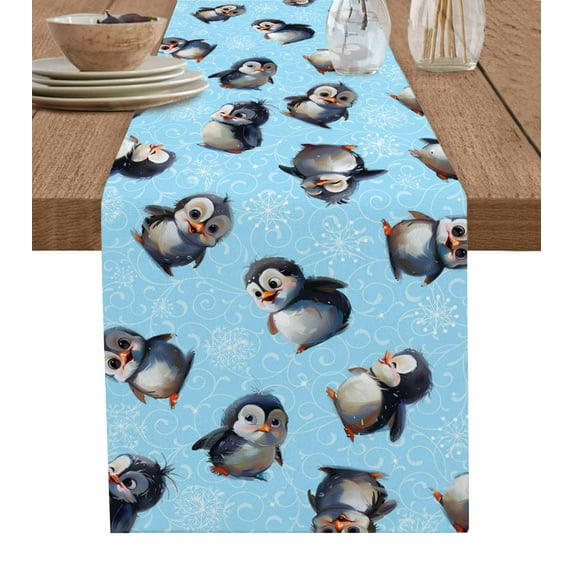 Blue Christmas Burlap-Cotton Table Runner 90 Inches Long,Watercolor Penguin Xmas Snowflake Farmhouse Table Runners,Outdoor Dining Tablecloths Decor for Baby Shower Party Wedding 13x90