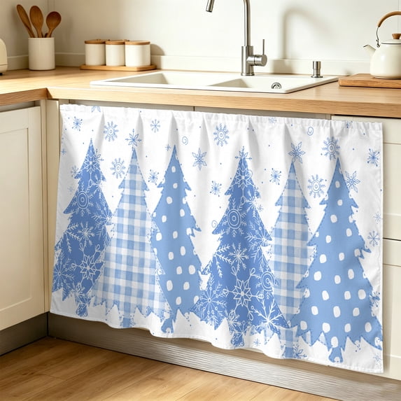 Blue Christmas Cabinet Curtain 32"Wx55"L,Dustproof Pantry Door Curtain with Self Adhesive Tape,Blue Plaid Xmas Tree Snowflake Winter Tall Storage Cover Privacy Drape for Bathroom Kitchen Laundry Room