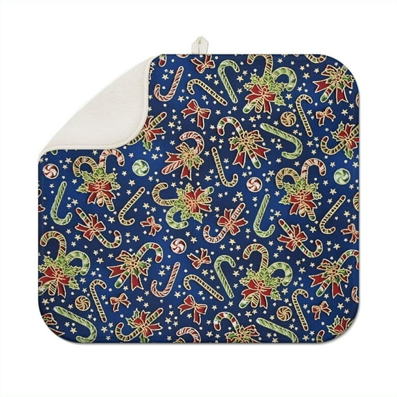 Blue Christmas Candy Cane Pattern Dish Drying Mat for Kitchen 1 Pack, Ultra Absorbent Microfiber Dishes Drainer Mats,16x18in(41x46cm)