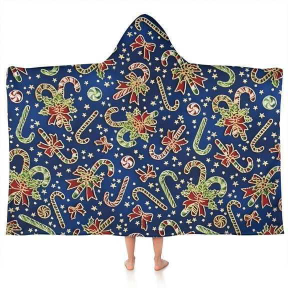 Blue Christmas Candy Cane Pattern Hooded Bath Towel，50"x30" for Ages 3 To 12 Kids, Quick Dry Lightweight Soft Microfiber Hood Beach Towel Cover Up for Kids